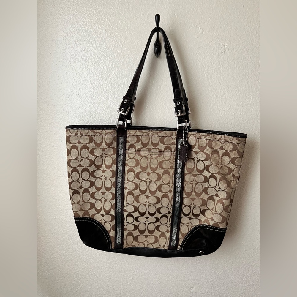 Coach Monogram Signature Khaki Beaded Fabric & Suede Tote
